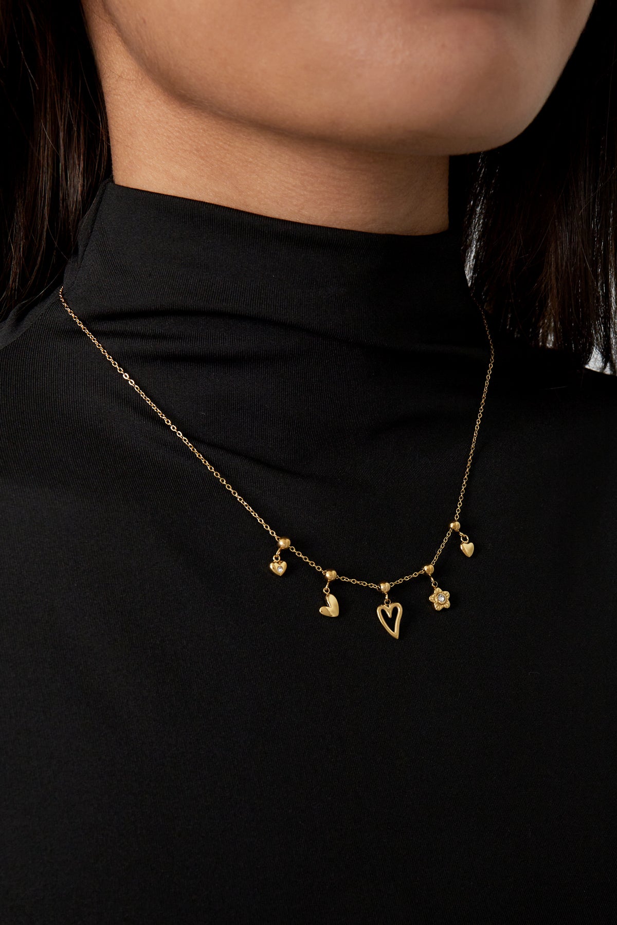 Flowers and Hearts Charm Necklace - Gold Color Secondary product image