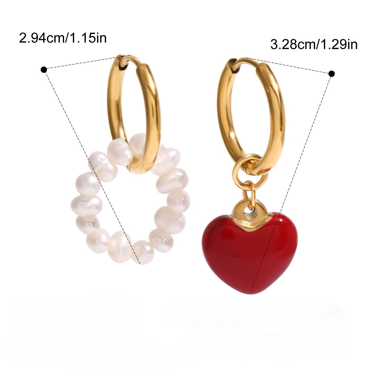 Pendientes Asimétricos corazón rojo y perlas